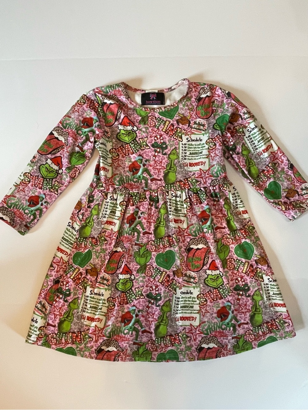 Bowtism Girls Pink Grinchmas Christmas Twirl Dress Long Sleeve Size 7